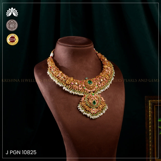 22K Gold Kundan Necklace with Rubies, Emeralds & Pearls
