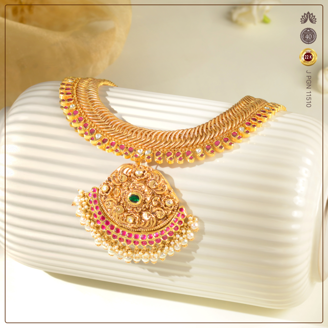22K Gold Jalebi Necklace with Rubies and Emeralds