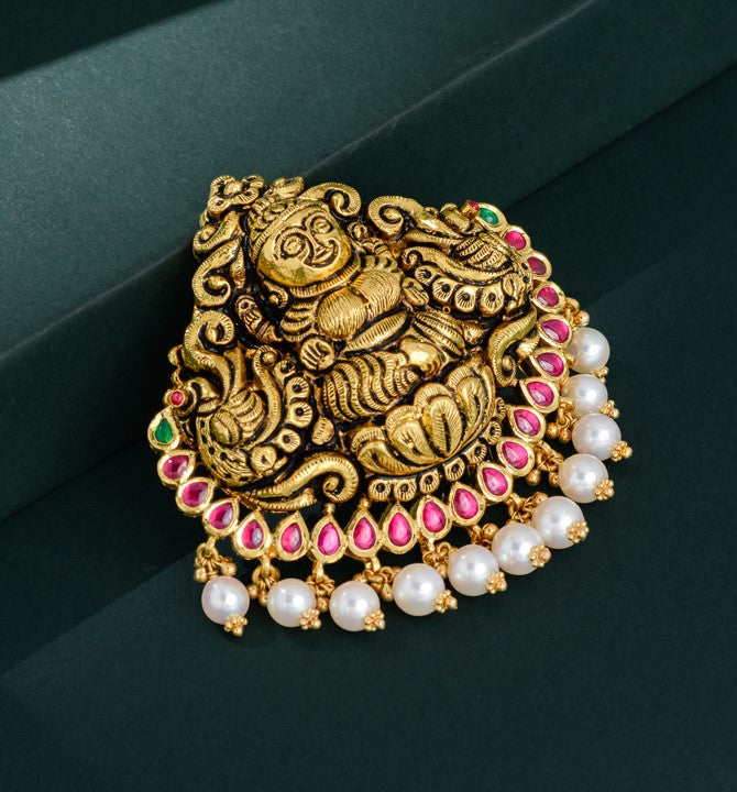 Gold lakshmi pendant with Pearl Drops