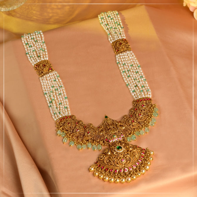 Gold Laxmi Pendant - Rice Pearl Mala