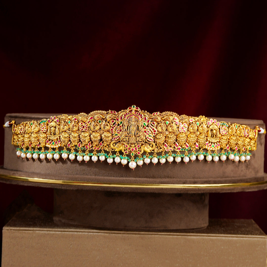 22K Gold Nakshi Lakshmi Devi Bridal Vaddanam with Pearl Drops