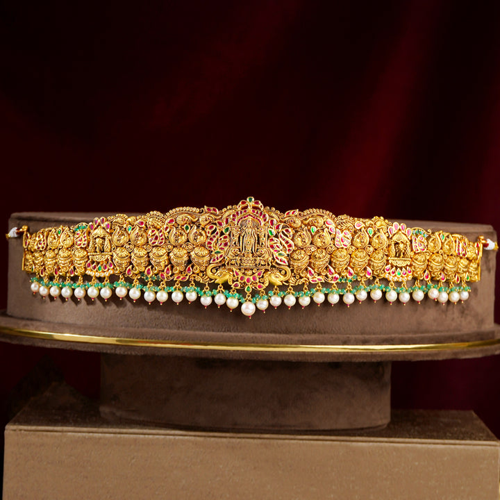 22K Gold Nakshi Lakshmi Devi Bridal Vaddanam with Pearl Drops