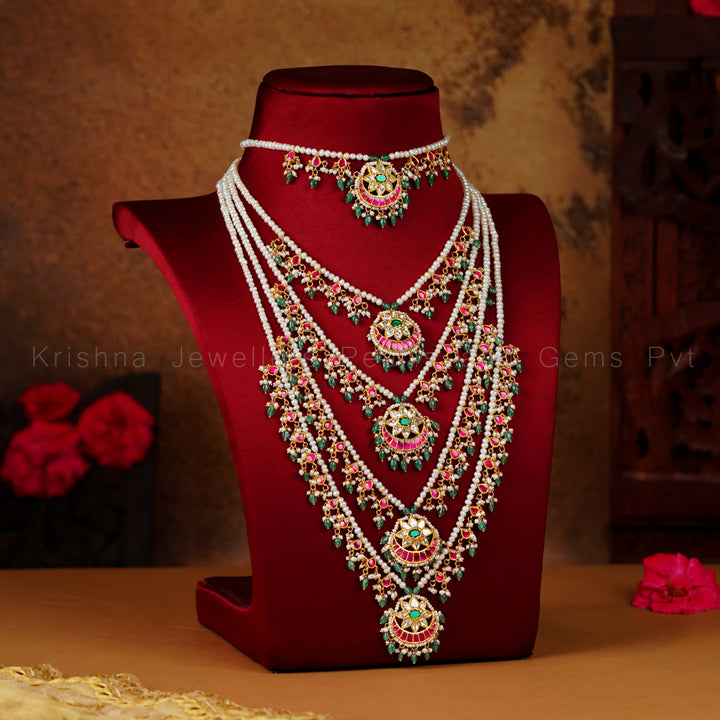 Gold Kundan Pearl Sathlada Haram Set with Choker