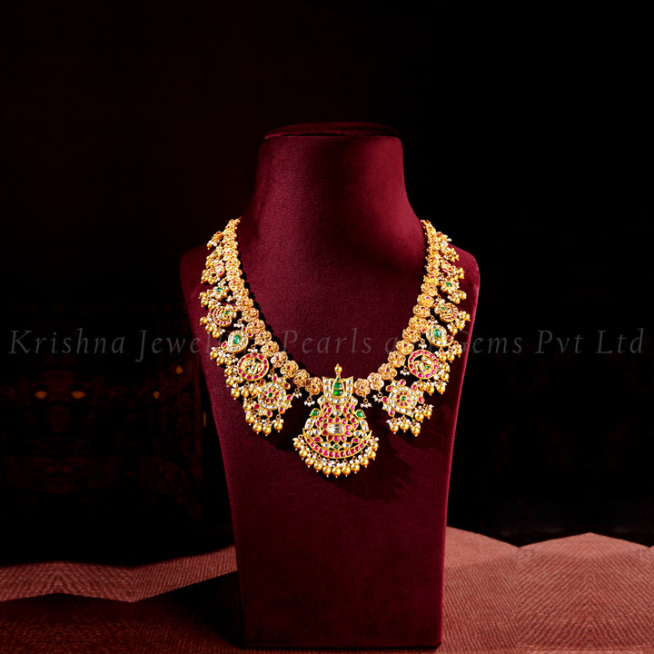 South Indian Floral Bottu Mango Peacock Kundan Necklace