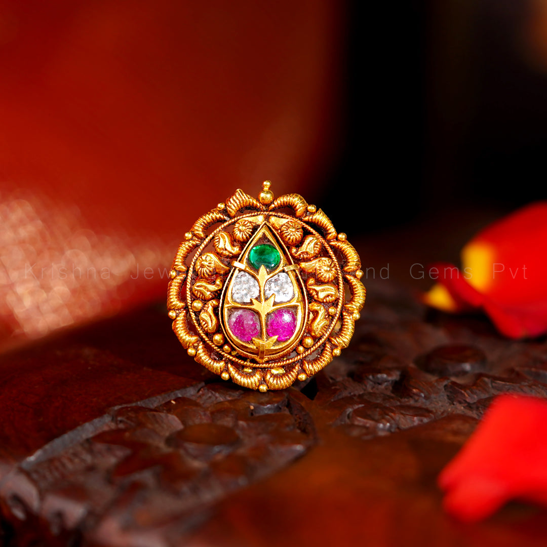 Antique Gold Nakshi Ring with Emerald, Ruby & Kundan