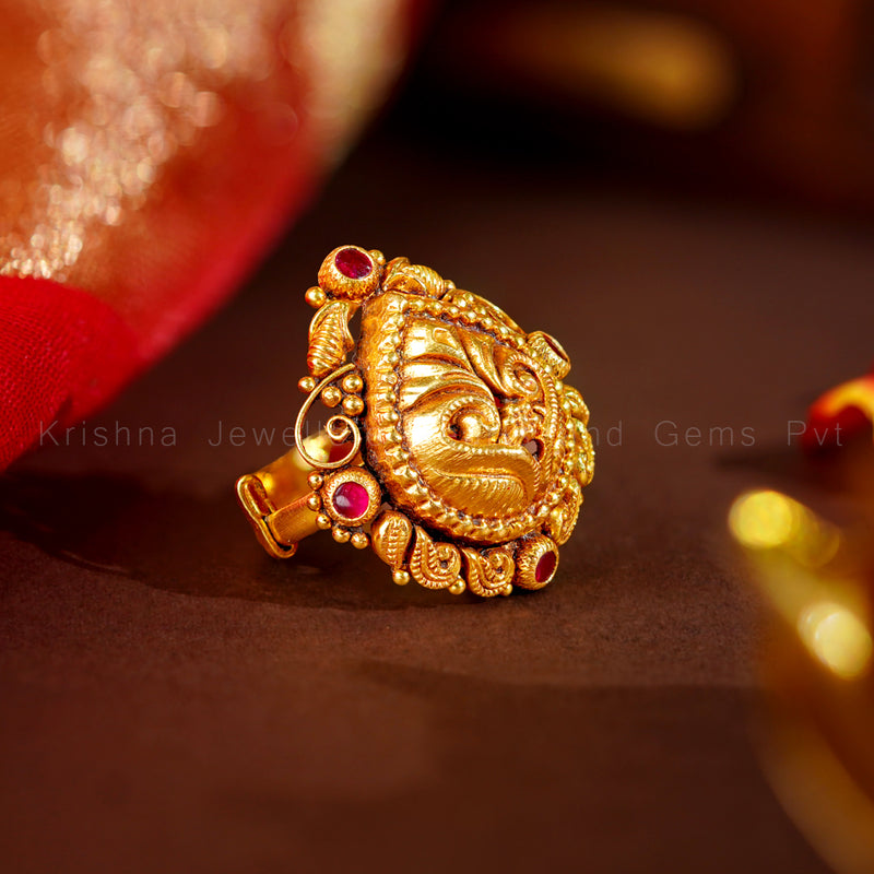 Antique Gold Peacock Nakshi Ring with Ruby