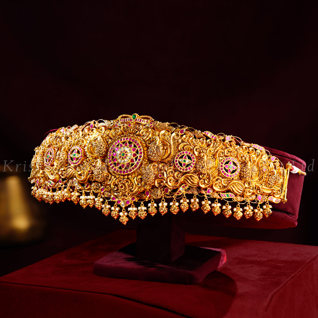 Bridal Gold Vaddanam with Kundan Detailing - Peacock & Floral Motif