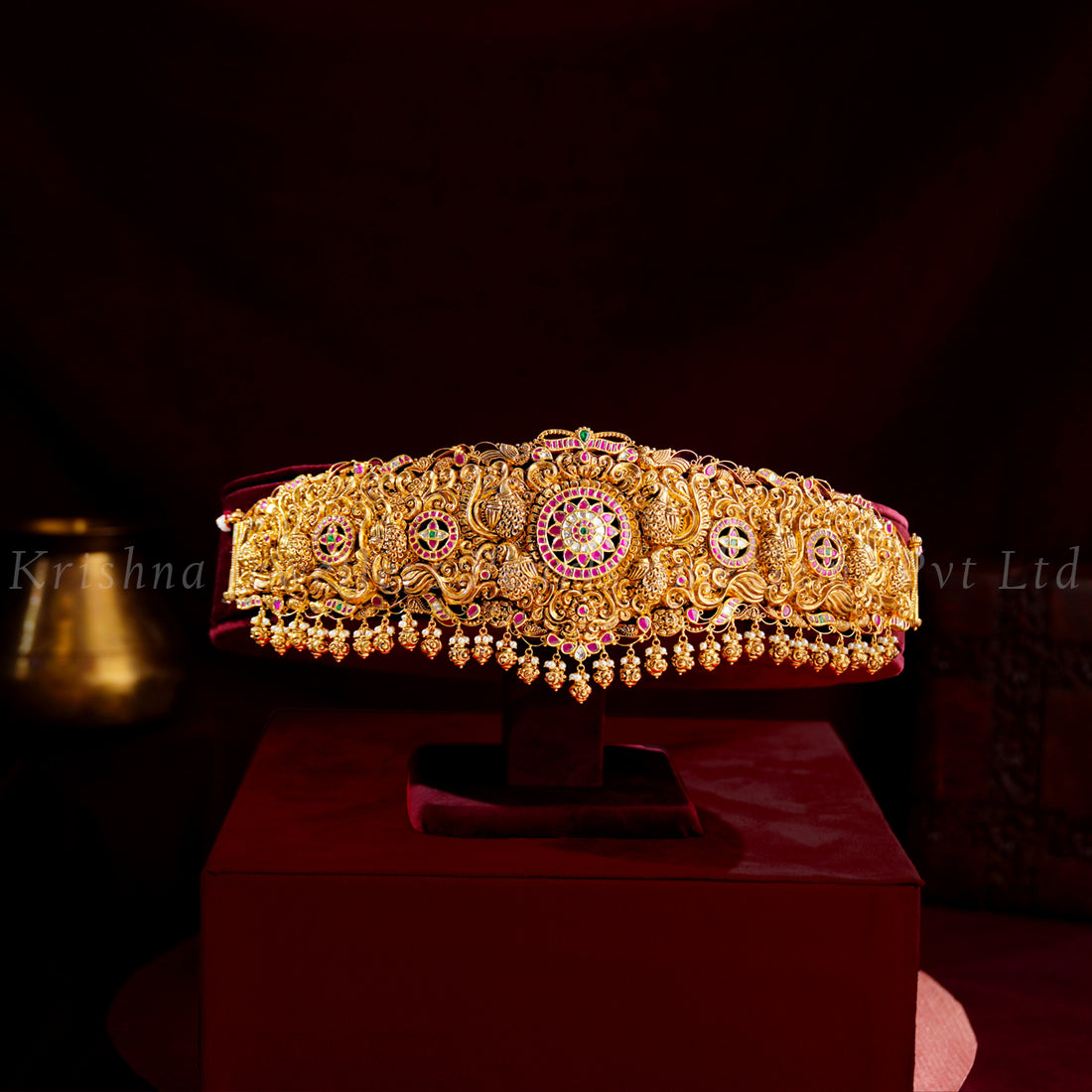 Bridal Gold Vaddanam with Kundan Detailing - Peacock & Floral Motif
