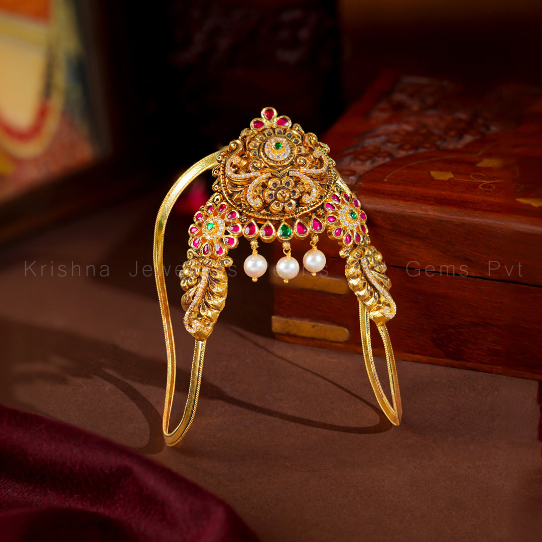 Gold Vanki Armlet with Ruby, Emerald, CZ & Pearl Drops