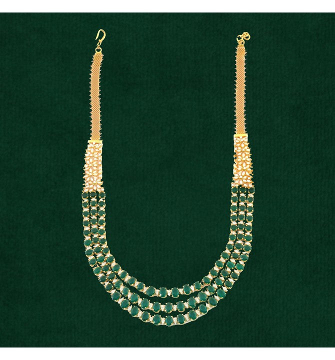 3 Line Gold with Diamond and Oval Emerald Necklace