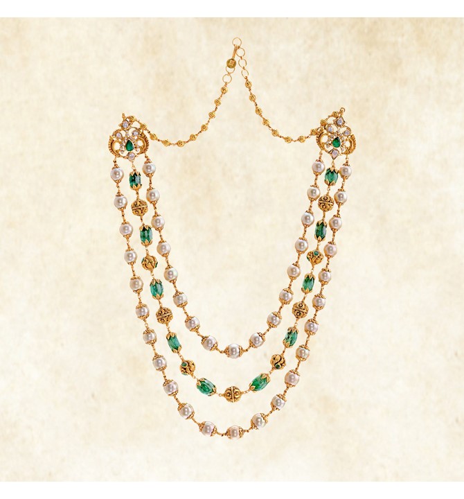 Three line emeralds beads mala with south sea pearls