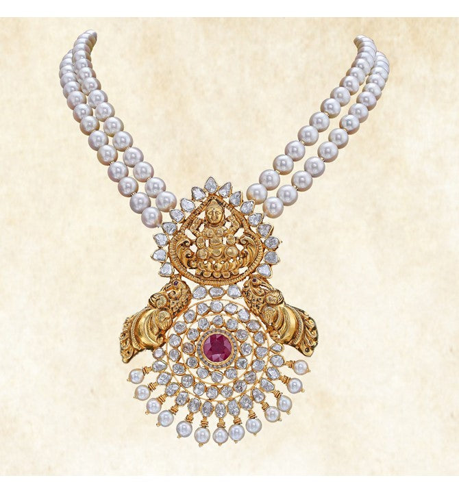 Two Layer Pearl Necklace - Gold Lakshmi Pendant