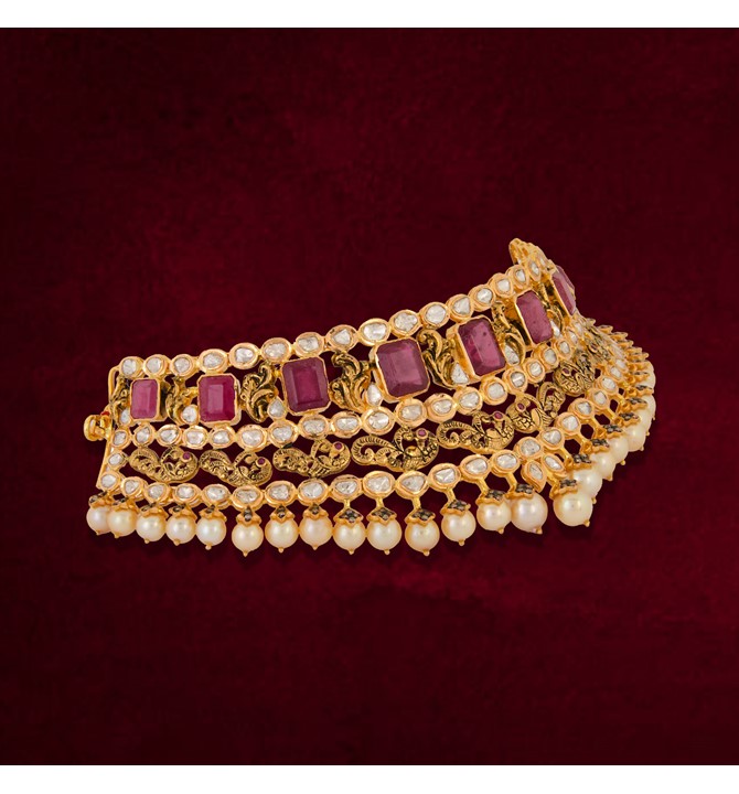 Magnificent Gold necklace choker with Polki diamonds, rubies and pearls