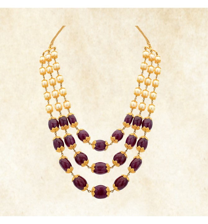 Three Line Ruby Beeds Gold Necklace