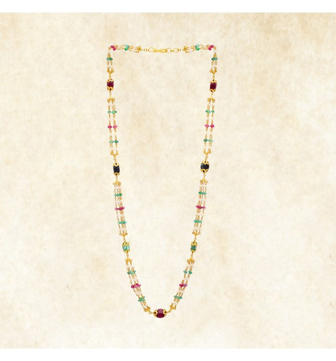 Multi Strand Ruby, Emerald, Blue Sapphire and Pearl Pebble Necklace