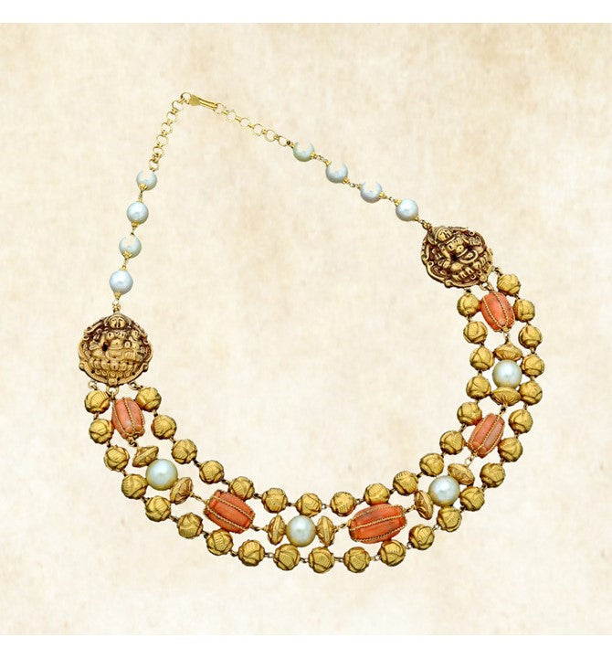 Gold Antique Coral Beeds and South Sea Pearl Necklace