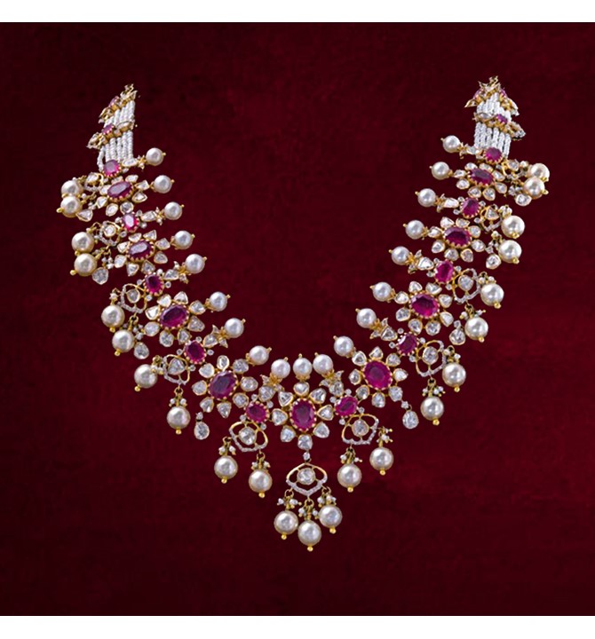 Ruby polki Diamonds Pearls Necklace