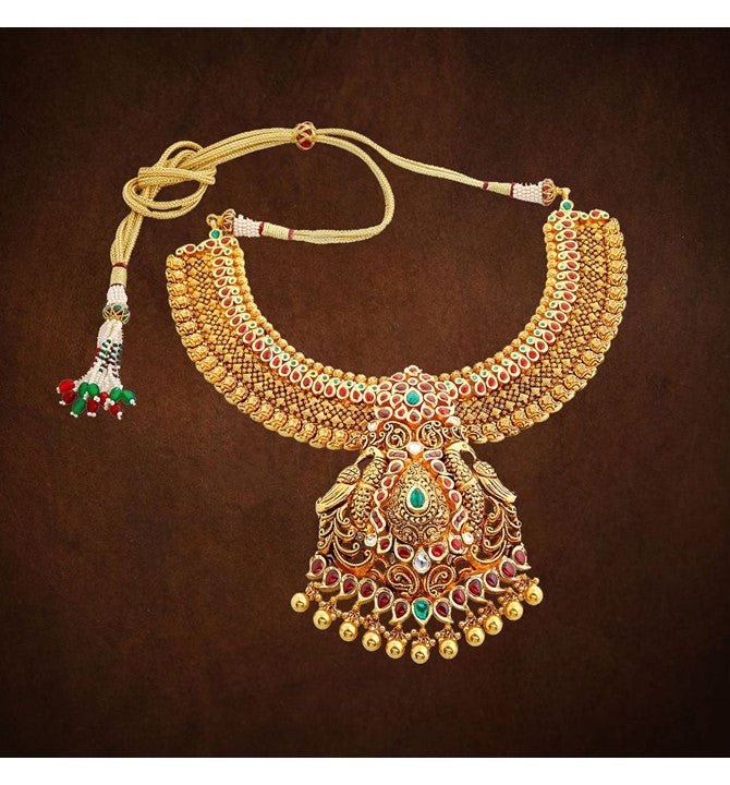 Yellow Gold Necklace with Peacock Pendant and mango design