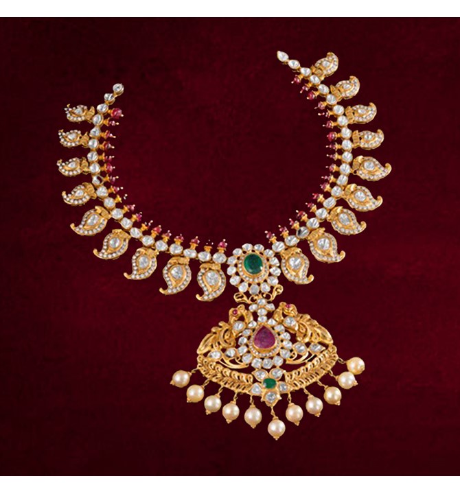 Peacock Uncut Diamond gold haram Necklace