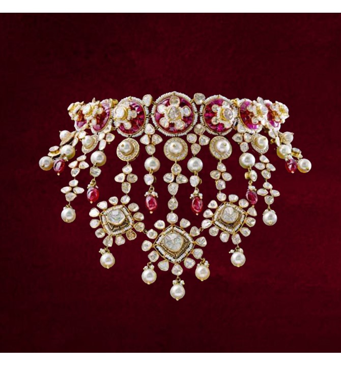 Rose Cut Flat Diamonds Rubies pearls Gold Choker Necklace