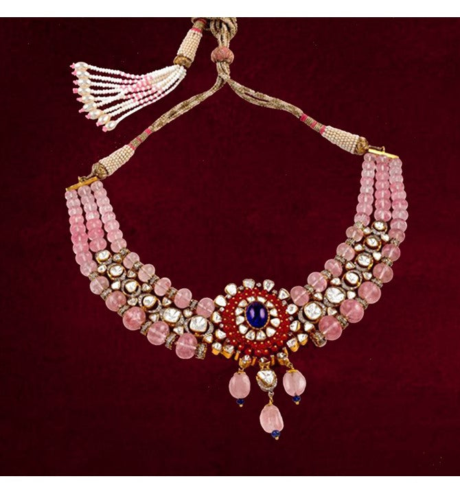 Uncut Morganite Beads Necklace Using Yellow Gold