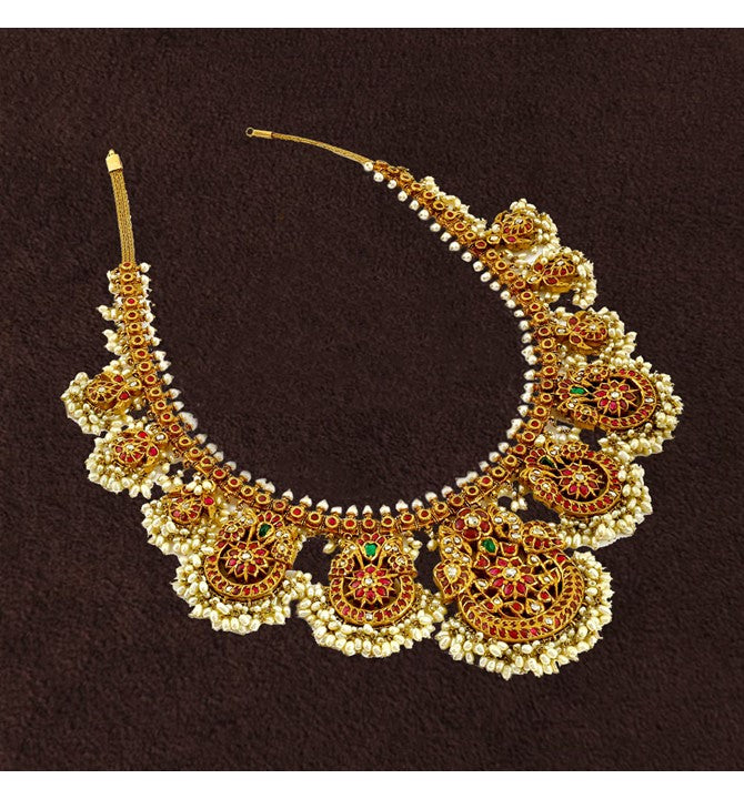 Gold multistone necklace with pearls and polki diamond