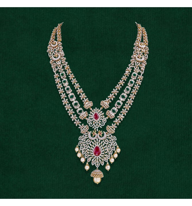 3 Step gold with diamond, emerald and ruby necklace