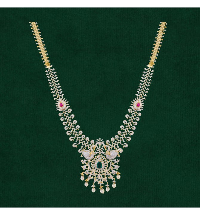Gold with diamond peacock design bridal haram necklace