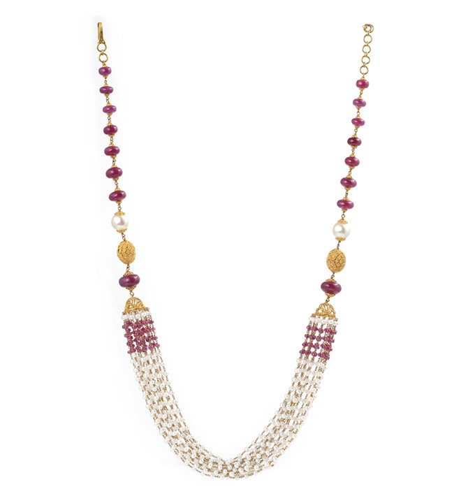 Multiline Ruby Beads & Pearl Necklace