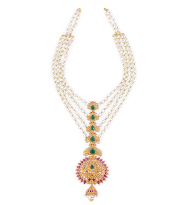 CZ’s Peacock & Pearls Necklace Haar in yellow gold