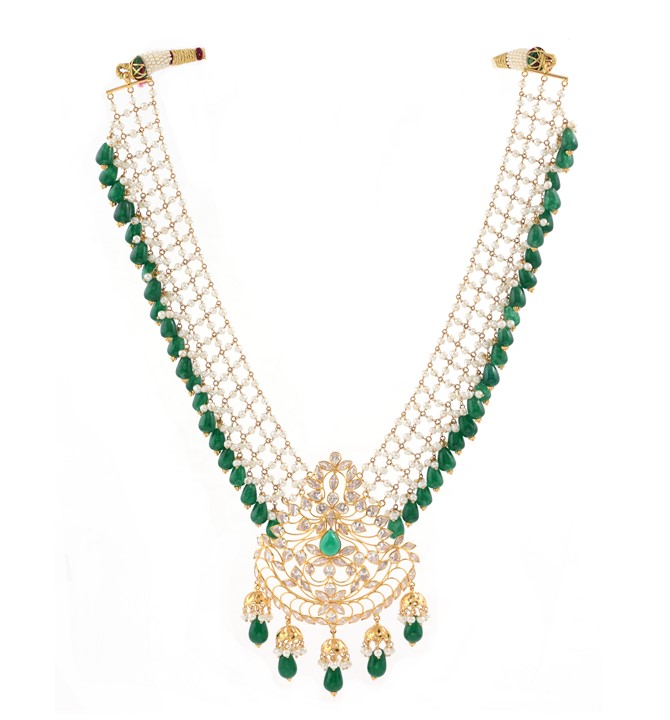 Mesh Pattern Emeralds & Pearls Gold Necklace