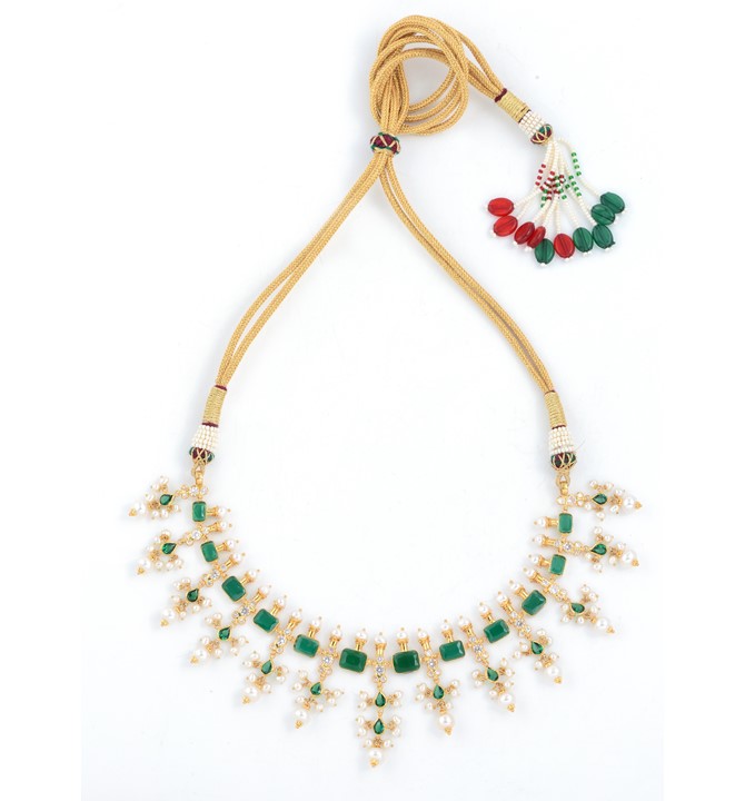 Green & White CZ’s, Pearls Necklace in yellow gold