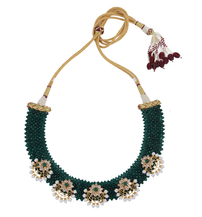 Green Beads, CZ’s Choker Necklace in yellow gold