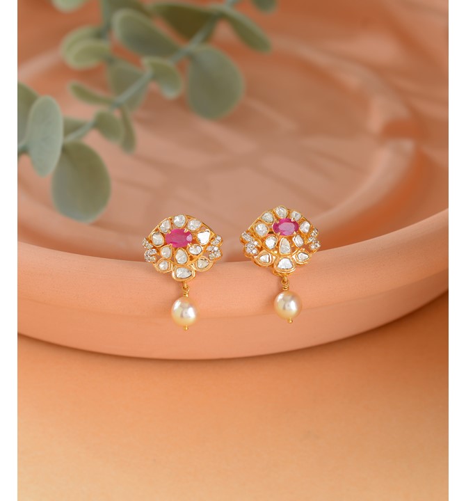Floral Motif Polki Diamond Stud Earrings