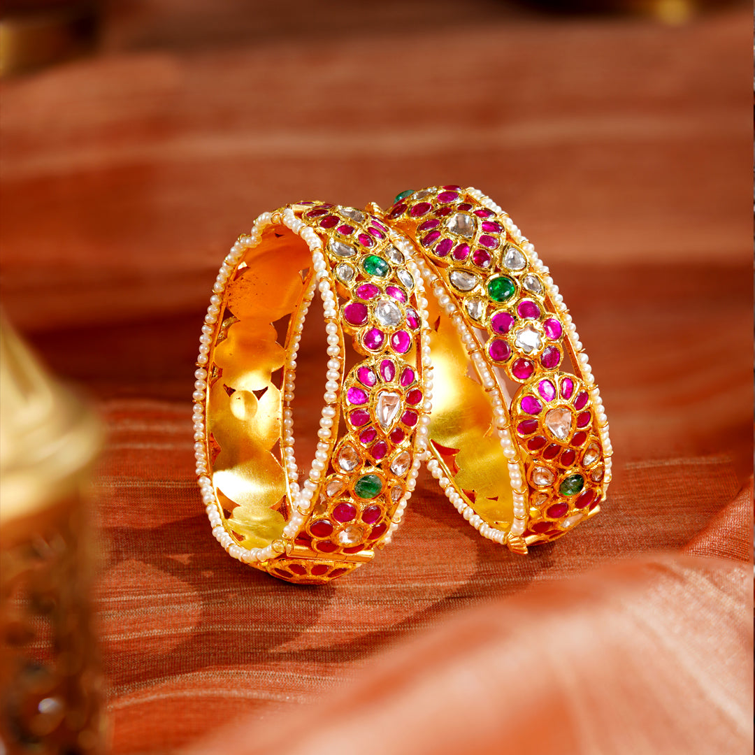 22K Gold Kundan Bridal Bangle Set | Temple Wedding Kadas