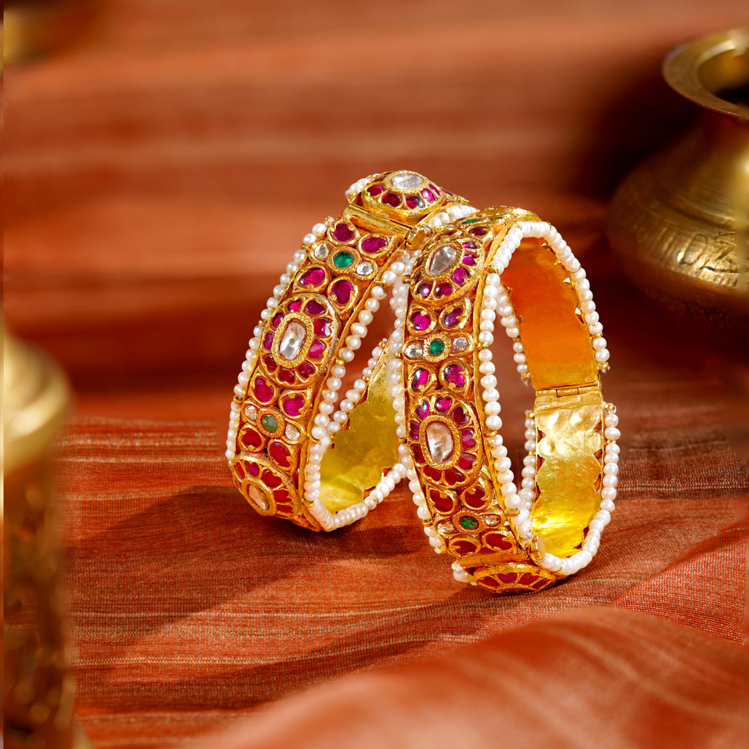 22K Gold Kundan Ruby Bangles | Temple Kadas