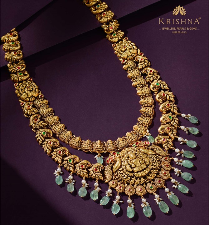 Laxmi Gold Haram With Emerald Beads