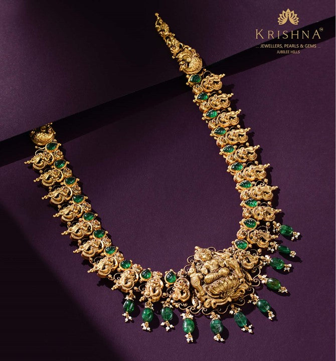 Engraved Laxmi Gold Haram with Greenstone