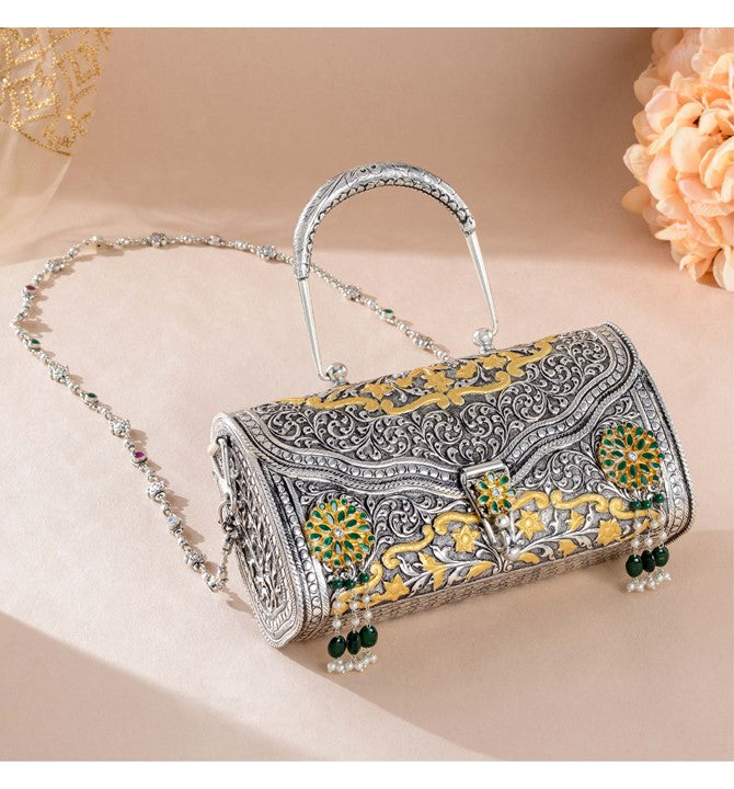 Majestic Silver Clutch Purse in Floral Motif