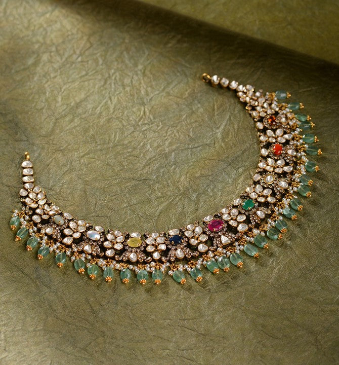 Polki Navaratna Gold Necklace with Emerald Beads