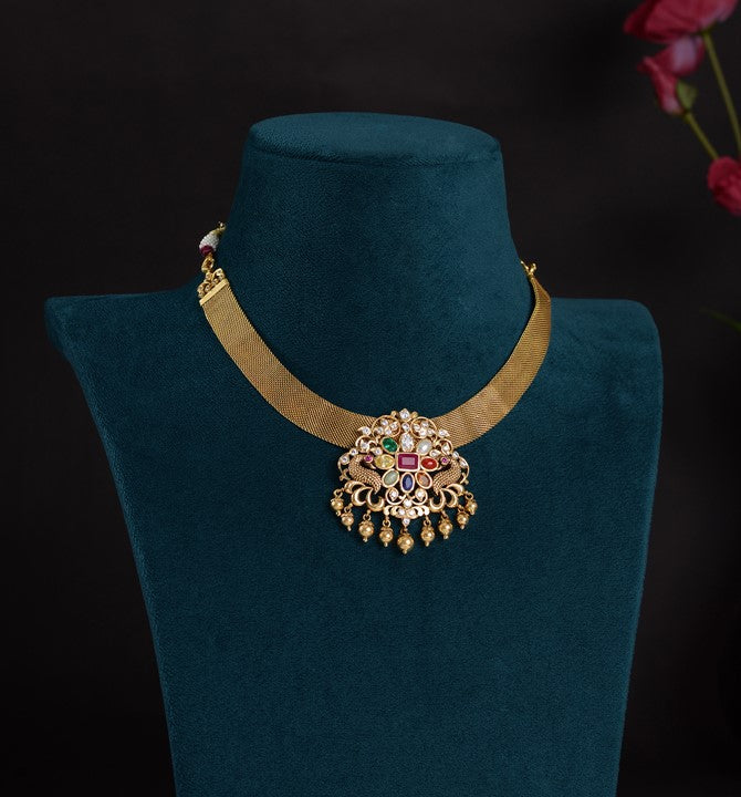 Classic Navaratna Pendant Gold Necklace