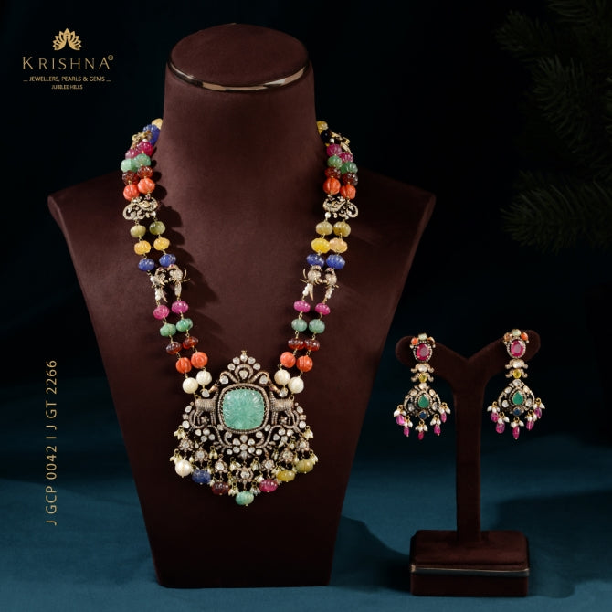 Navaratna Karbuja Polki Necklace & Earrings Set