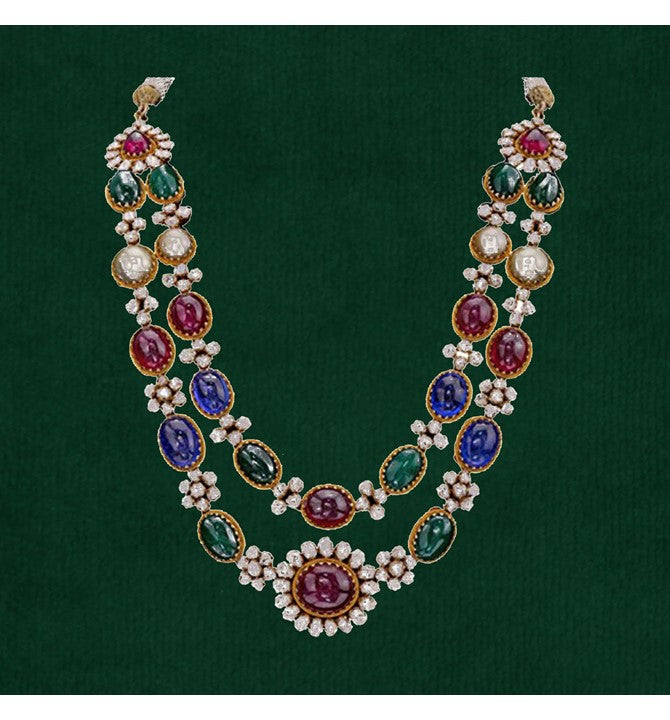 Double Line Navaratan Gold with Diamond Necklace