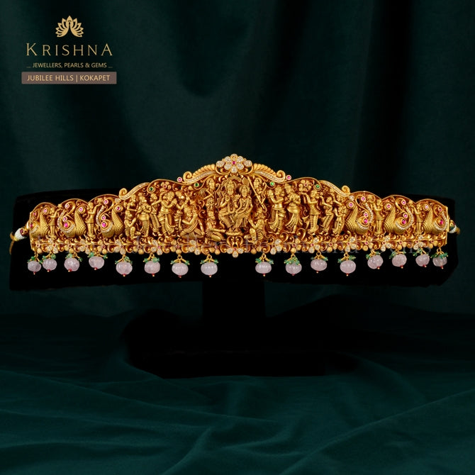 Beautiful 22k Gold Vaddanam with Ram Parivar Theme, Pearls and Emeralds