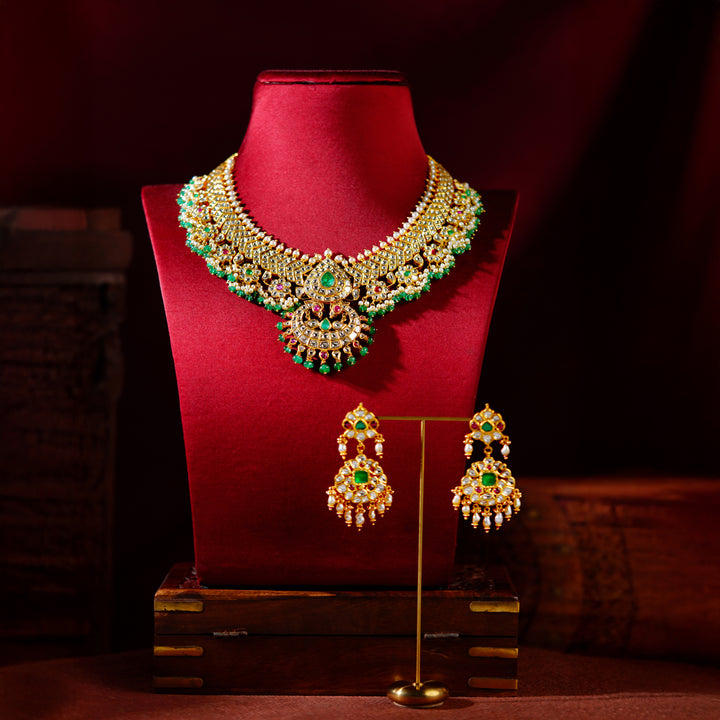 22K Polki Necklace Set with Emerald Accents