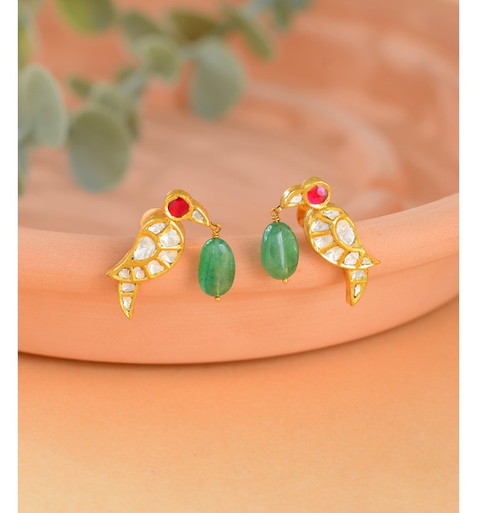 Polki Diamond Studs Earrings in Parrot Motif