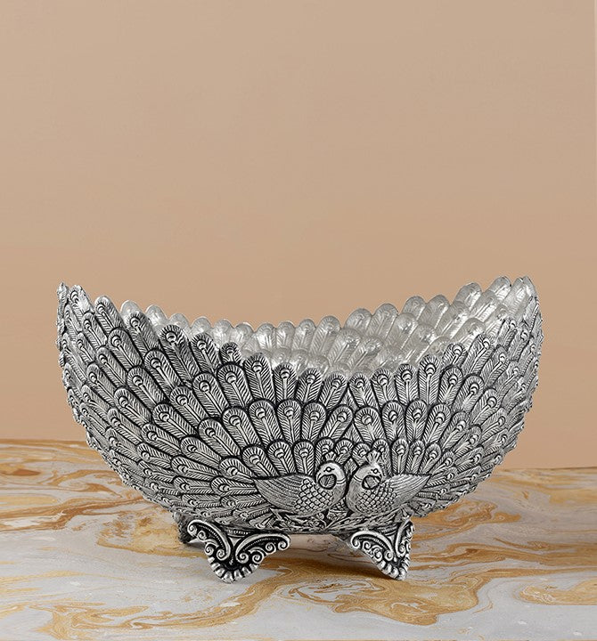 Peacock Feather Silver Bowl