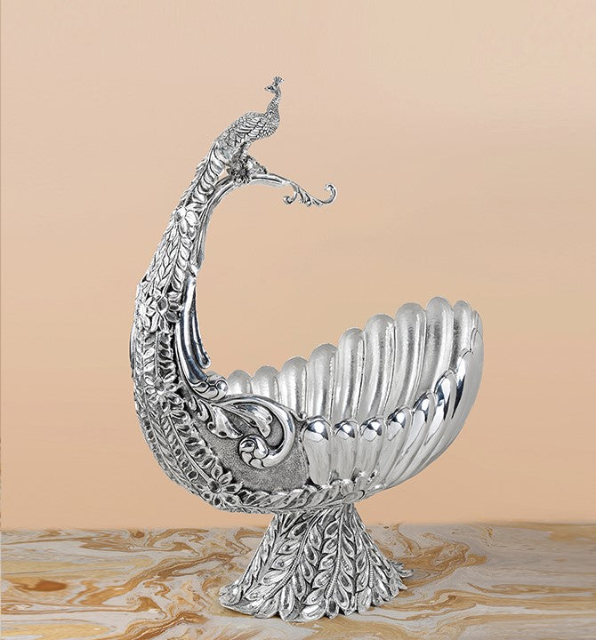 Peacock Themed Silver Fruit Bowl