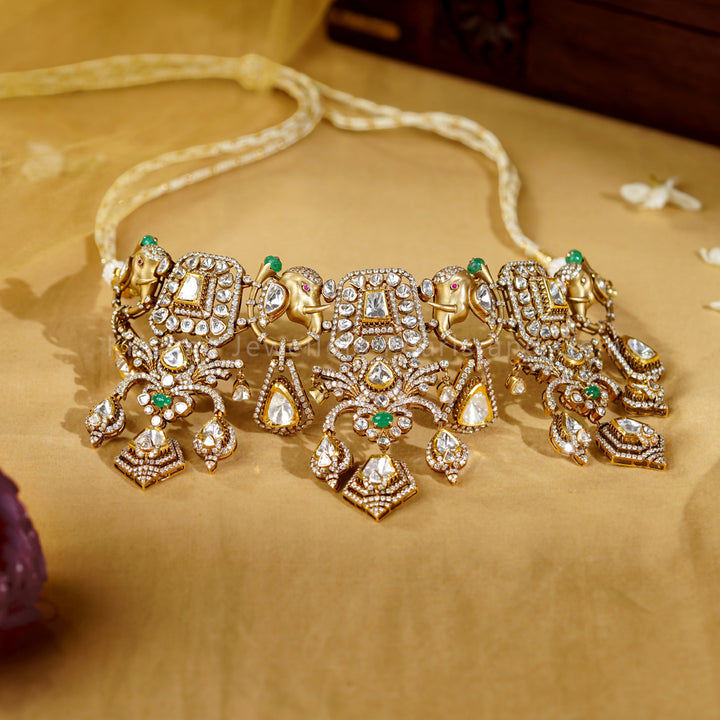 Elephant Motif Polki Diamond Choker in 18K Gold – Bridal