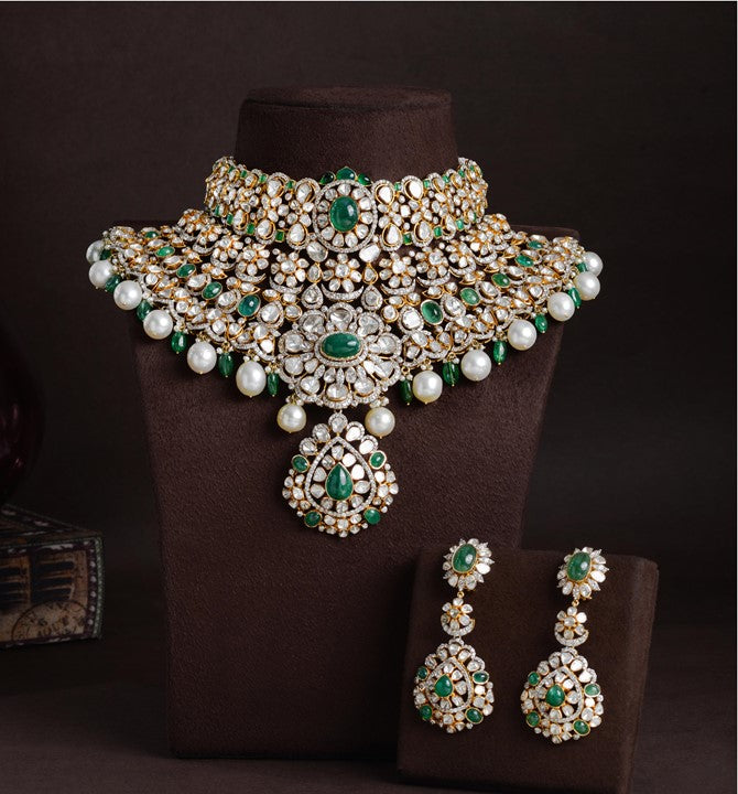 Polki Choker Necklace Sets in Floral Motif